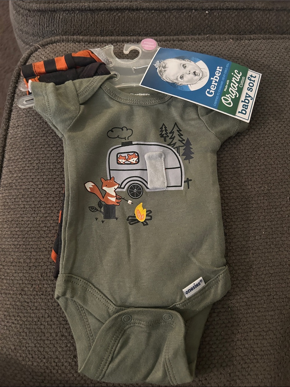 Gerber Olive Green Fox & Camper Organic Baby Onesie Preemie